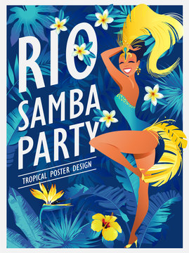 Happy girl dancing samba, beautiful Brazilian woman in festive costume with bright plumage vector Illustration on a jungle background.