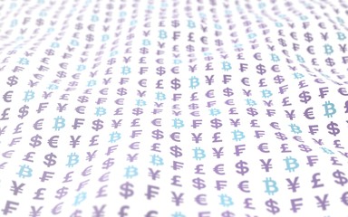 Bitcoin and currency on a white background. Digital crypto symbol. Wave effect, market fluctuations. Business concept. 3D illustration