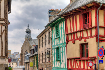 Beautiful cityscape of the ancient traditional houses with wooden beams in Saint-Brieuc, in the Côtes-d'Armor department in Brittany, France
