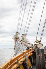 Looking towards the bow of a 3-masted schooner at the rigging, on its way under motor from Turku to the Island of Asp&ouml; in Archipelago National Park (Sk&auml;rg&aring;rdshavet nationalpark), Finland.
