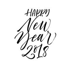 Fototapeta premium Happy New Year 2018 card. Hand drawn modern calligraphy. Ink illustration. Happy holidays poster. Banner with hand drawn words. Isolated on white background.