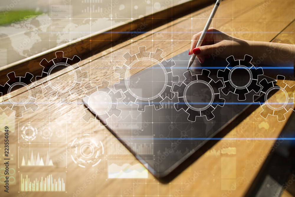 Poster gears on virtual screen. business strategy and technology concept. automation process.