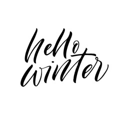 Hello winter card. Hand drawn brush style modern calligraphy. Vector illustration of handwritten lettering. 