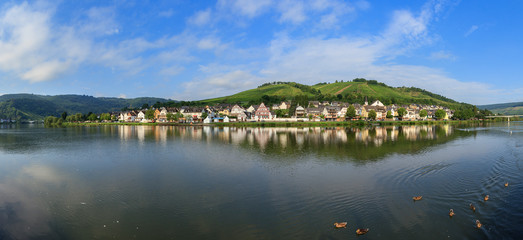 Fototapeta na wymiar Beautiful 180 degree panoramic sunrise view of the river Moselle at the small wine growing town Zell (an der Mosel) on a summer morning