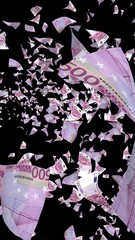 Flying euro banknotes isolated on a dark background. Money is flying in the air. 500 EURO in color. 3D illustration