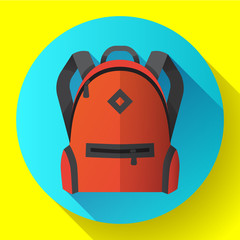 Icon of red school school or travel backpack. Backpack with pockets for schoolchildren, students. Isolated on white background. Vector illustration.