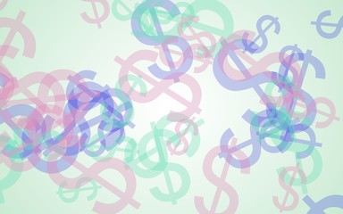 Multicolored translucent dollar signs on white background. Green tones. 3D illustration