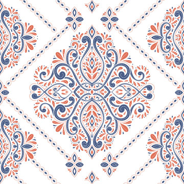 Beautiful blue and orange floral seamless pattern. Vintage vector, paisley elements. Traditional,Turkish, Indian motifs. Great for fabric and textile, wallpaper, packaging or any desired idea.