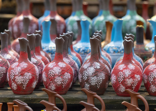 pottery, pots, pitchers in the village market