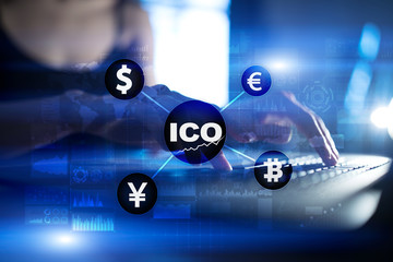 ICO, Initial Coin Offering. Digital electronic binary money financial concept. Bitcoin currency exchange on virtual screen interface.