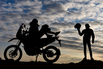 Fototapeta na wymiar couple with motorcycle, travel and break