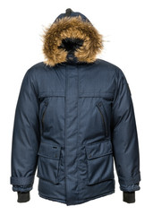 Winter jacket with fur hood on white background