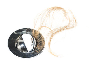 Hair loss on washbasin. Long brown hair on white basin in the bathroom.