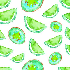 Seamless Watercolor Lime and Kiwi fruits tropical pattern. Green fruit exotic background.