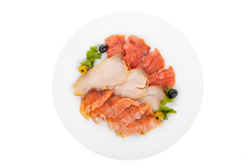 Cold appetizer before alcohol, assorted fish, salmon fillet, lightly salted, chum, smoked with wasabi sauce, mayonnaise, sour cream, olives, parsley on plate, white isolated background view from above