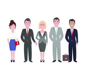 Business team. Men and women in business suits on white background. Vector illustration in cartoon style.