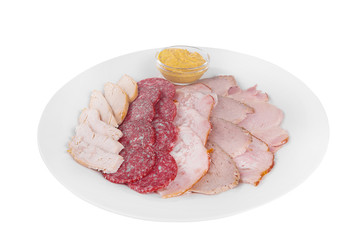 Cold appetizer assorted meat, slices of salami, ham, chicken, carbonate, brisket, boiled pork, fillets, mustard sauce, before alcohol, food on plate, white isolated background Side view. For the menu