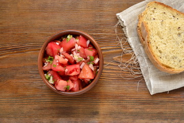 Homemade sauce pico de gallo, salsa, top view, copy space