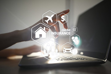 Online insurance on virtual screen. Life, car, property, health and family. Internet and digital...