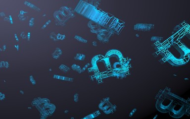 Digital currency symbol Bitcoin on a dark background. Fall of bitcoin. Cryptocurrency graph on virtual screen. Business, Finance and technology concept. 3D illustration