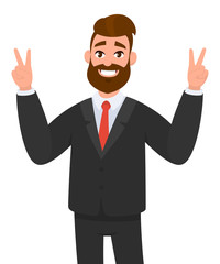 Successful business man showing v or victory sign and standing isolated white background. Business and financial success winning concept illustration in cartoon vector style.
