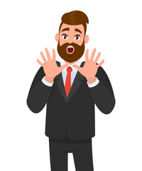 Businessman looking shocked, scared trying to protect himself in anticipation of unpleasant situation, isolated white background. Emotion and body language concept illustration in cartoon vector.