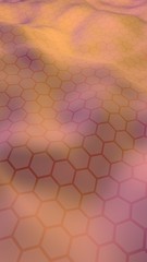 Colorful honeycomb with a gradient color on a light background. Perspective view on polygon look like honeycomb. Wavy surface. Isometric geometry. 3D illustration