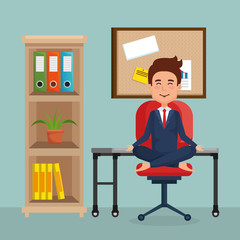 businessman practicing yoga in office chair