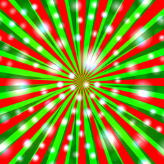 Green and red rays in circular design whith bokeh lights. Vector festive illustration