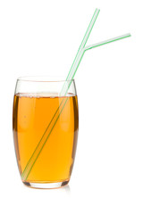 Apple juice in a glass with drinking straws