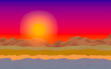 Sun Sea Beach. Sunrise. Ocean shore line with waves on a beach. Island beach paradise with waves. Vacation, summer, relaxation. Seascape, seashore. Minimalist landscape, primitivism. 3D illustration