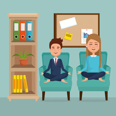 young couple practicing yoga on the sofa