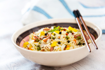 Cantonese fried basmati rice with ham and eggs