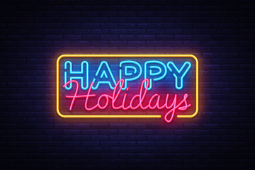 Fototapeta na wymiar Happy Holidays Neon Text Vector. Happy Holidays neon sign, design template, modern trend design, night neon signboard, night bright advertising, light banner, light art. Vector illustration