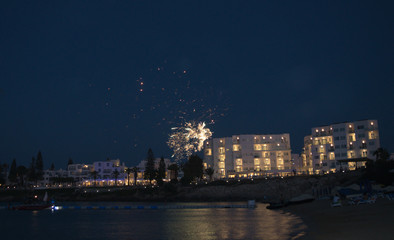 Fototapeta premium Colorful fireworks on the beach in Protaras, Cyprus on June 09, 2018. 