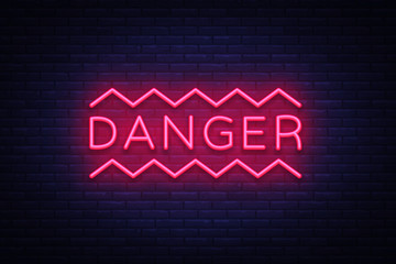 Danger Neon Text Vector. Danger neon sign, design template, modern trend design, night neon signboard, night bright advertising, light banner, light art. Vector illustration