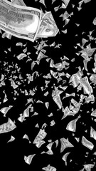 Flying dollars banknotes isolated on dark background. Money is flying in the air. 100 US banknotes new sample. Black and white style. 3D illustration