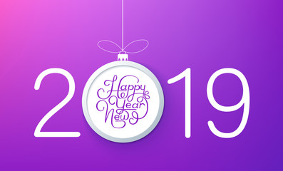 Fototapeta na wymiar Purple Happy New Year 2019 card with Christmas ball.