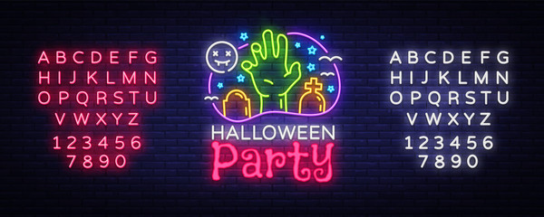 Halloween Party design template vector. Halloween greeting card, Light banner, neon style, night bright advertising. Zombie hand. Vector illustration. Editing text neon sign