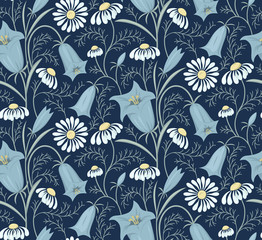 Floral vector pattern with bluebells and daisies on dark background. Botanical ornament in vintage style for wallpaper or fabric.