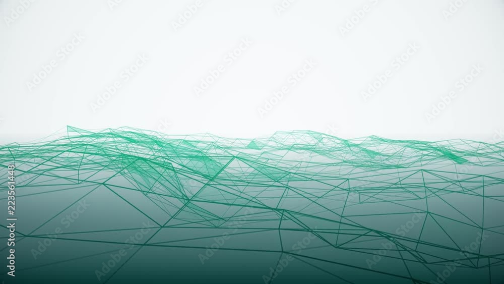 Poster futuristic cyberspace grid net polygonal wireframe hilly landscape seamless loop drawing motion grap