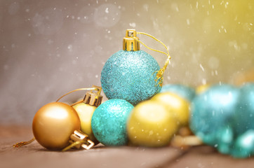 Christmas decoration on wooden background. Blue and gold colors.
