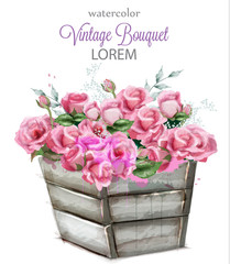 Watercolor delicate roses Vector. Beautiful detailed floral bouquet illustrations
