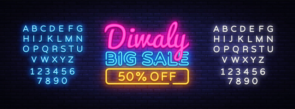 Diwali Festival Offer Big Sale neon text vector design template. Diwali Hindu Sale neon logo, light banner design element colorful modern design trend, bright sign. Vector. Editing text neon sign