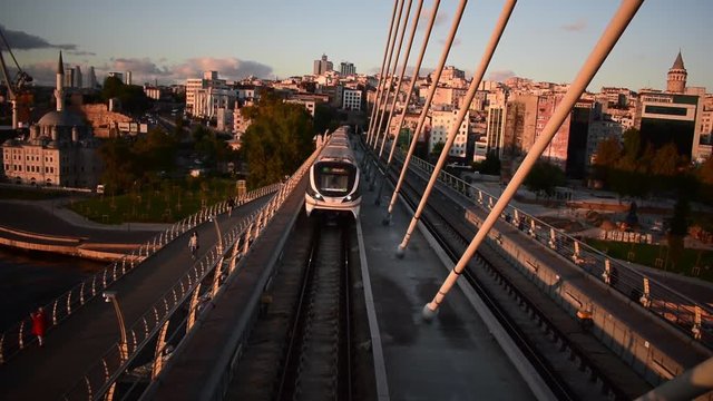 Train is crossing the underground bridge station  in istanbul