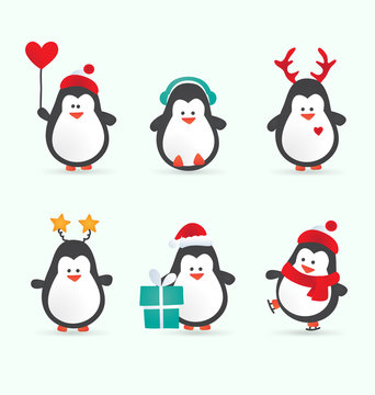 Christmas penguin characters. Set of winter cartoon vector illustrations