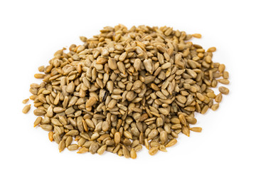 Sunflower Kernels Roasted Seeds Isolated on White Background. Selective focus.