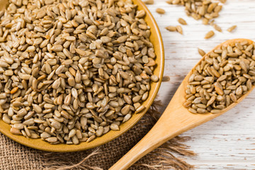 Roasted Sunflower Kernels Background. Selective focus.