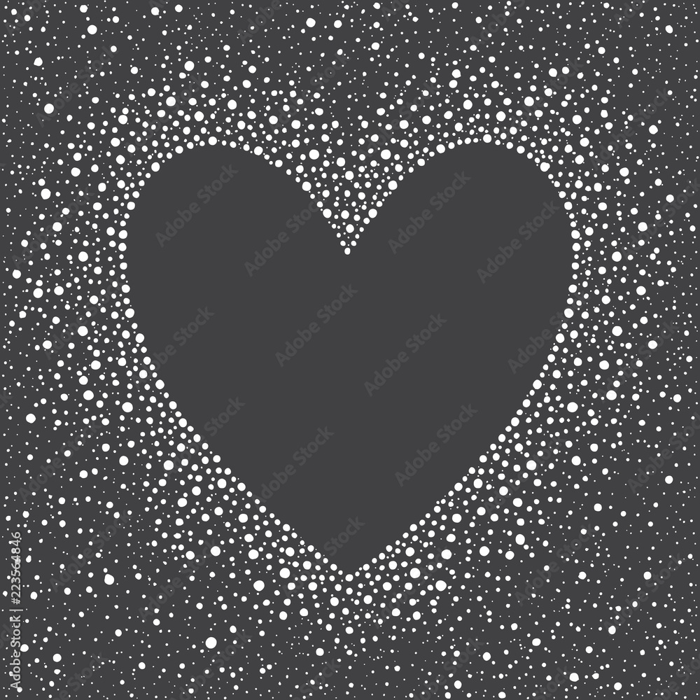 Poster heart shape snow frame with empty space for text. winter valentines day frame made of spots, dot sno