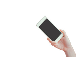 isolated and technology concept from beauty hand hold and present application on smart phone by asian woman beauty right hand with white background and clipping path support